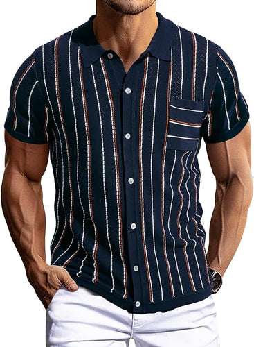 Men's Short Sleeve Vintage Style Striped Navy Blue Shirt