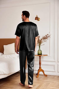 Men's Navy Blue Satin Silk Short Sleeve Shirt & Pants Pajamas Set