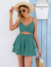Load image into Gallery viewer, Teal Green Ruffled Twist Layered Sleeveless Shorts Romper