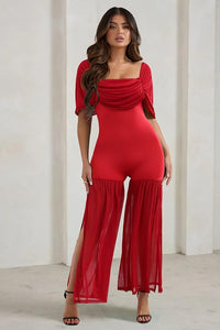 Red Draped Mesh Strapless Style Jumpsuit