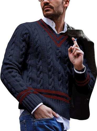 Men's Fashion V Neck Navy Blue Striped Long Sleeve Sweater