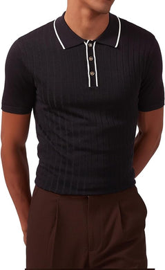Men's Knit Collar Short Sleeve Striped Black Shirt