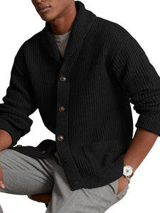 Men's Black Knit Shawl Ribbed Button Knit Long Sleeve Cardigan