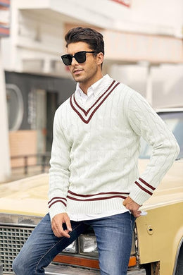 Men's Fashion V Neck White Striped Long Sleeve Sweater