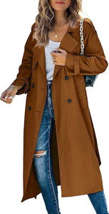 Double Breasted Windproof Belted Lapel Long Khaki Trench Coat