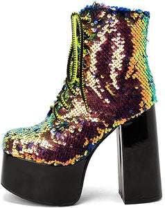 Lace Up Glitter Sequin 14 Gold/Green Combat Boots