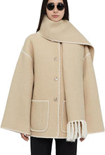 Load image into Gallery viewer, Trendy Wool Dark Green Embroidered Scarf Style Trench Coat Jacket