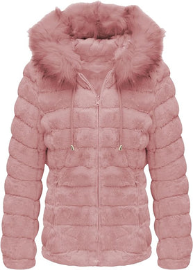 Faux Fur Collar Pink Reversible Hooded Puffer Coat