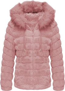 Faux Fur Collar Grey Reversible Hooded Puffer Coat