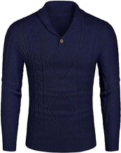 Load image into Gallery viewer, Men&#39;s Navy Blue Cable Knit Long Sleeve Button Neck Sweater