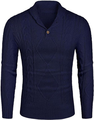 Men's Navy Blue Cable Knit Long Sleeve Button Neck Sweater