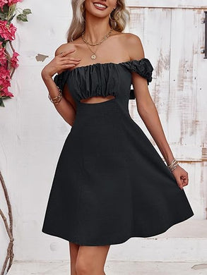 Ruched Black Sleeveless Backless Mini Dress