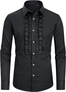 Men's Formal Pleated Tuxedo Black Long Sleeve Shirt