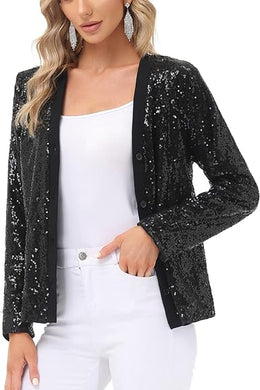Black Sequined Long Sleeve Party Blazer