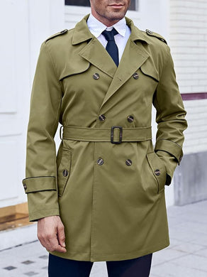 Wall Street Men's Army Green Double Breasted Lightweight Belted Trench Coat