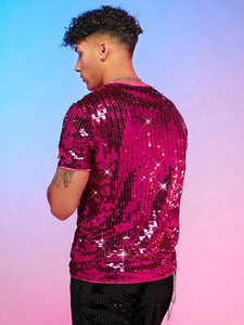 Men's Berry Pink Mesh Crewneck Sequin Short Sleeve Shirt