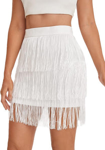 White Fringe Chic High Waist Tassel Mini Skirt
