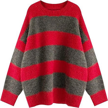 Load image into Gallery viewer, Striped Knit Loose Fit Red/Gray Long Sleeve Sweater