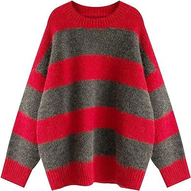 Striped Knit Loose Fit Red/Gray Long Sleeve Sweater
