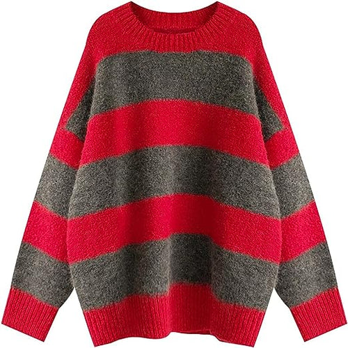 Striped Knit Loose Fit Red/Gray Long Sleeve Sweater