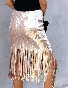 Party Style Fringe Tassel Sequin Midi Skirt