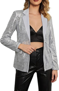 Shiny Silver Diamond Sequins Long Sleeve Blazer Jacket