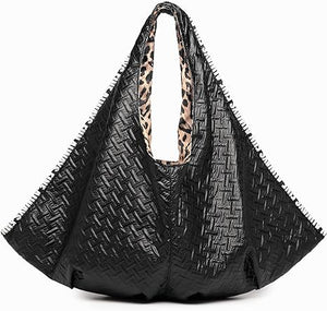 Black Textured Faux Leather Reversible Hobo Handbag