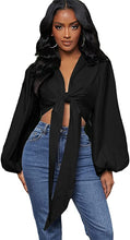 Load image into Gallery viewer, Bishop Style Black Long Sleeve Tie Front Crop Top