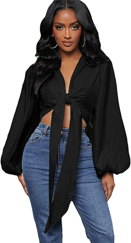 Bishop Style Black Long Sleeve Tie Front Crop Top