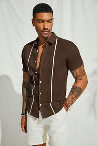 Men's Cuban Style Striped Short Sleeve Coffee Shirt