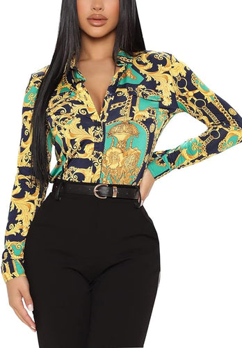 Plus Size Luxury Black/Green Satin Silk Button Down Long Sleeve Blouse