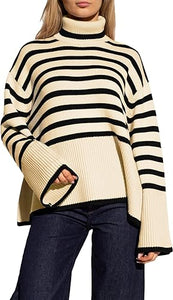 Fall Chic Striped Turtleneck Long Sleeve Black Sweater