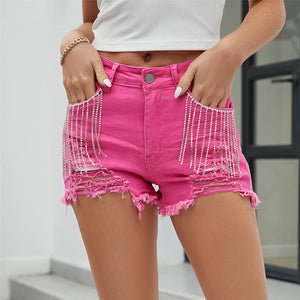 High Waist Rhinestone Chain Blue Denim Shorts