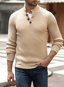 Men's White Knit Button Front Long Sleeve Turtleneck Sweater