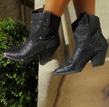 Load image into Gallery viewer, Rhinestone Studded Sequin Black Rhinestone Ankle Boots