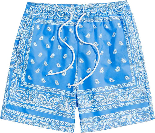 Men's Casual Drawstring Light Blue Bandana Paisley Print Shorts