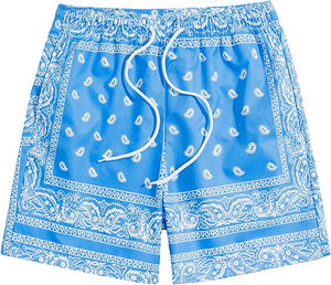 Men's Casual Drawstring Navy Blue Bandana Paisley Print Shorts