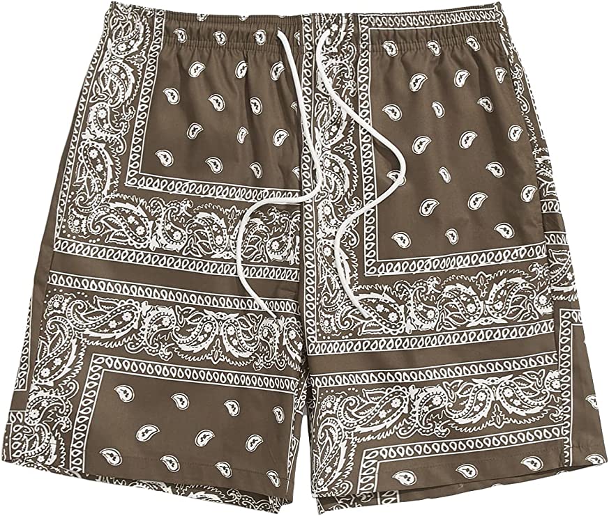 Men's Casual Drawstring Brown Bandana Paisley Print Shorts