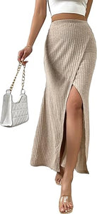 High Waist Knit Ribbed Khaki Wrap Maxi Skirt