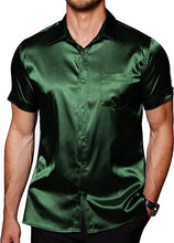 Load image into Gallery viewer, Men&#39;s Satin Hunter Green Button Up Short Sleeve Shirt