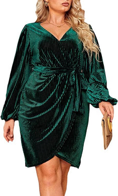 Plus Size Green Velvet Long Sleeve Belted Wrap Dress