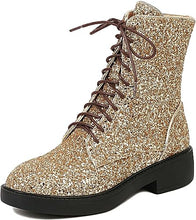 Load image into Gallery viewer, Lace Up Glitter Sequin 4cm-gold Combat Boots