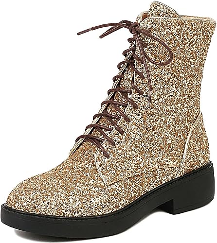 Lace Up Glitter Sequin 4cm-gold Combat Boots