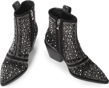 Load image into Gallery viewer, Cowboy Style Rhinestone Sequin Black Ankle Boots