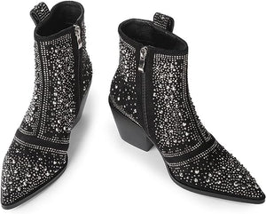 Cowboy Style Rhinestone Sequin Black Ankle Boots