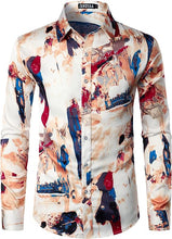Load image into Gallery viewer, Men&#39;s Luxury Satin Blue/White Art Deco Long Sleeve Dress Shirt