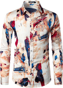 Men's Luxury Satin Blue/White Art Deco Long Sleeve Dress Shirt