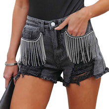 Load image into Gallery viewer, High Waist Rhinestone Chain Blue Denim Shorts