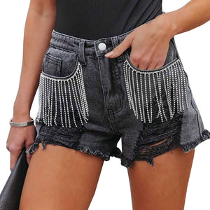 High Waist Rhinestone Chain Blue Denim Shorts