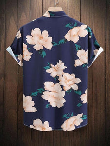 Men's Summer Floral Printed Short Sleeve A-deep Blue Shirt